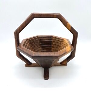 Vintage Wooden Accordion Fruit Basket Hexagonal‎ Foldable Serving Tray Handle